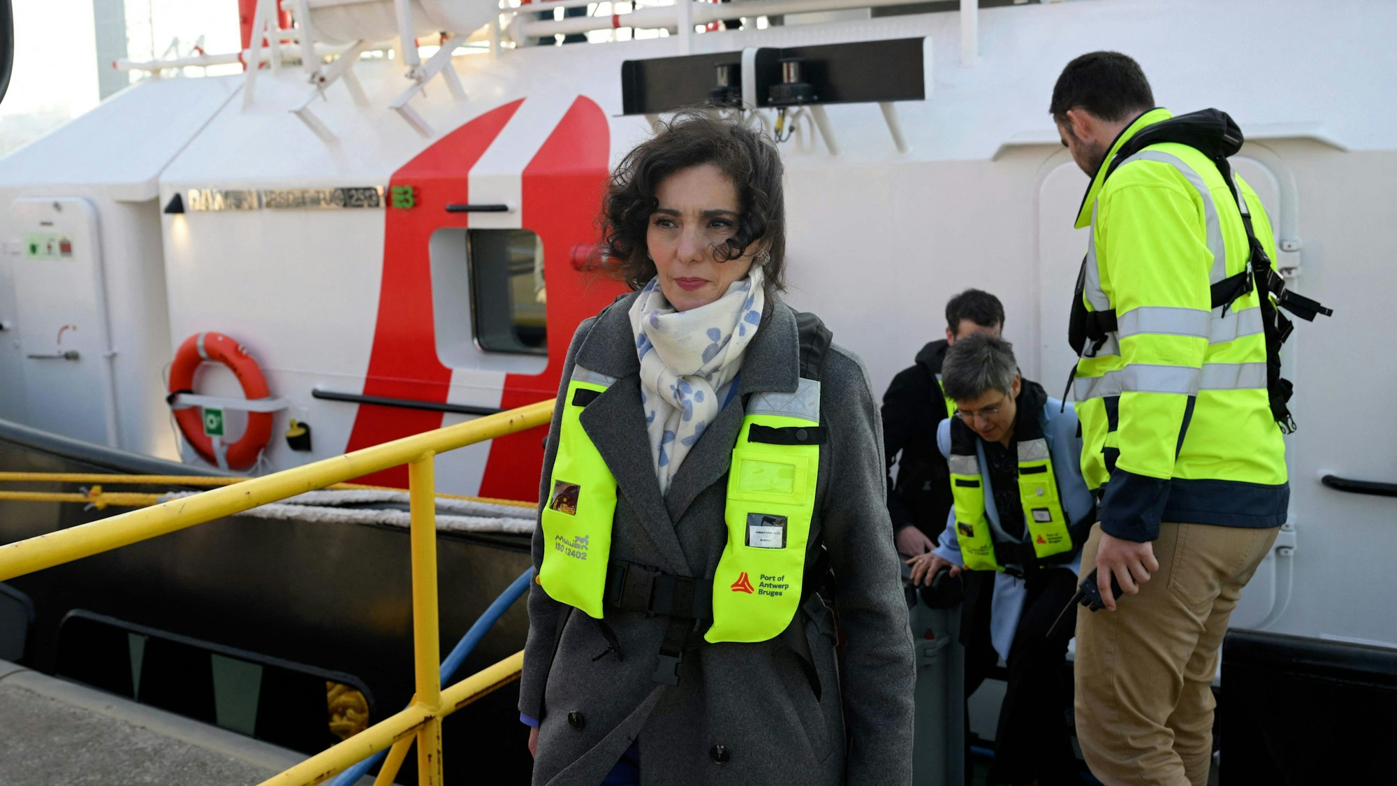 CORRECTION / EU Commissioner for Equality, Preparedness, Crisis Management Hadja Lahbib exits a tug boat during a visit to the Port of Antwerp-Bruges, in the run-up to the presentation of the EU Preparedness Strategy, in Antwerp on March 24, 2025.