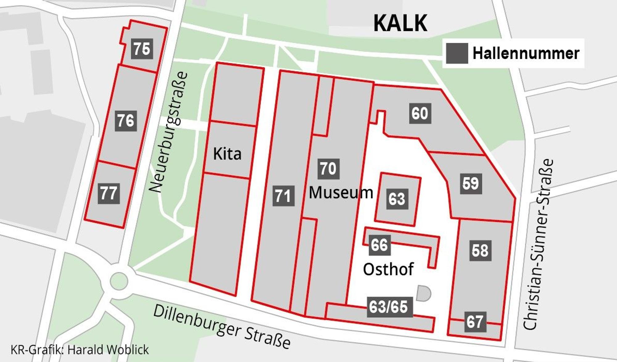 Lageplan der Hallen Kalk mit den Nummern der alten KHD-Gebäude.