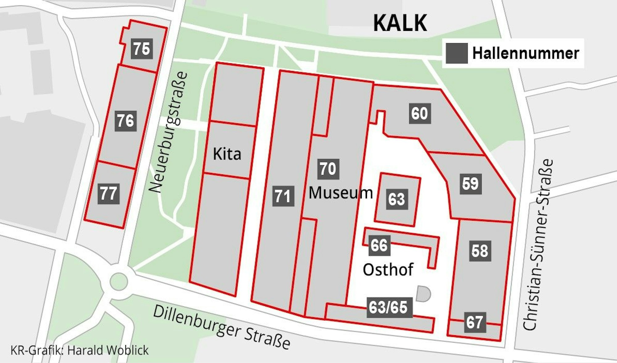 Lageplan der Hallen Kalk mit den Nummern der alten KHD-Gebäude.