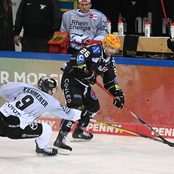 Nächste Saison in einem Team: Bremerhavens Dominik Uher (r) und Kölns Maximilian Kammerer. Foto: Carmen Jaspersen/dpa +++ dpa-Bildfunk +++