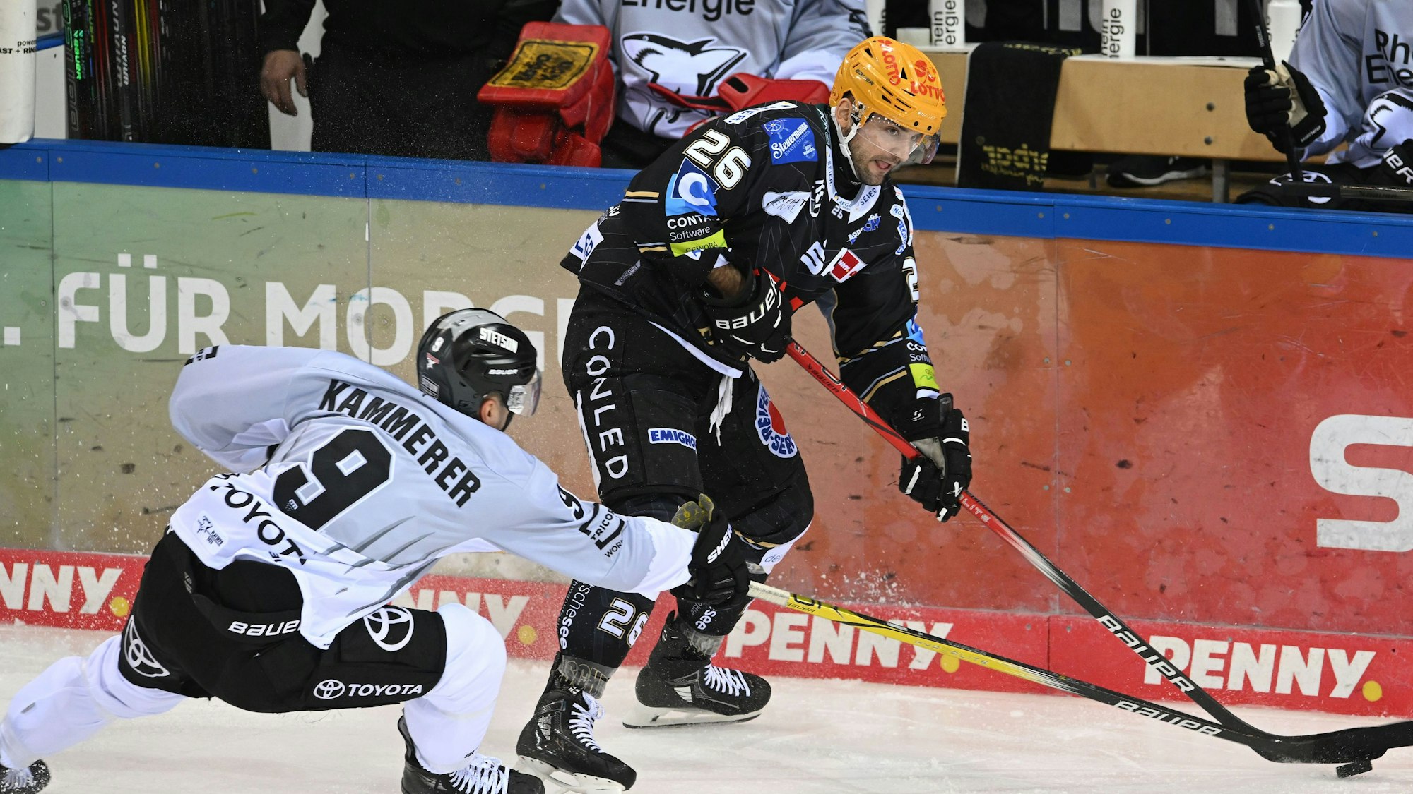 Nächste Saison in einem Team: Bremerhavens Dominik Uher (r) und Kölns Maximilian Kammerer. Foto: Carmen Jaspersen/dpa +++ dpa-Bildfunk +++