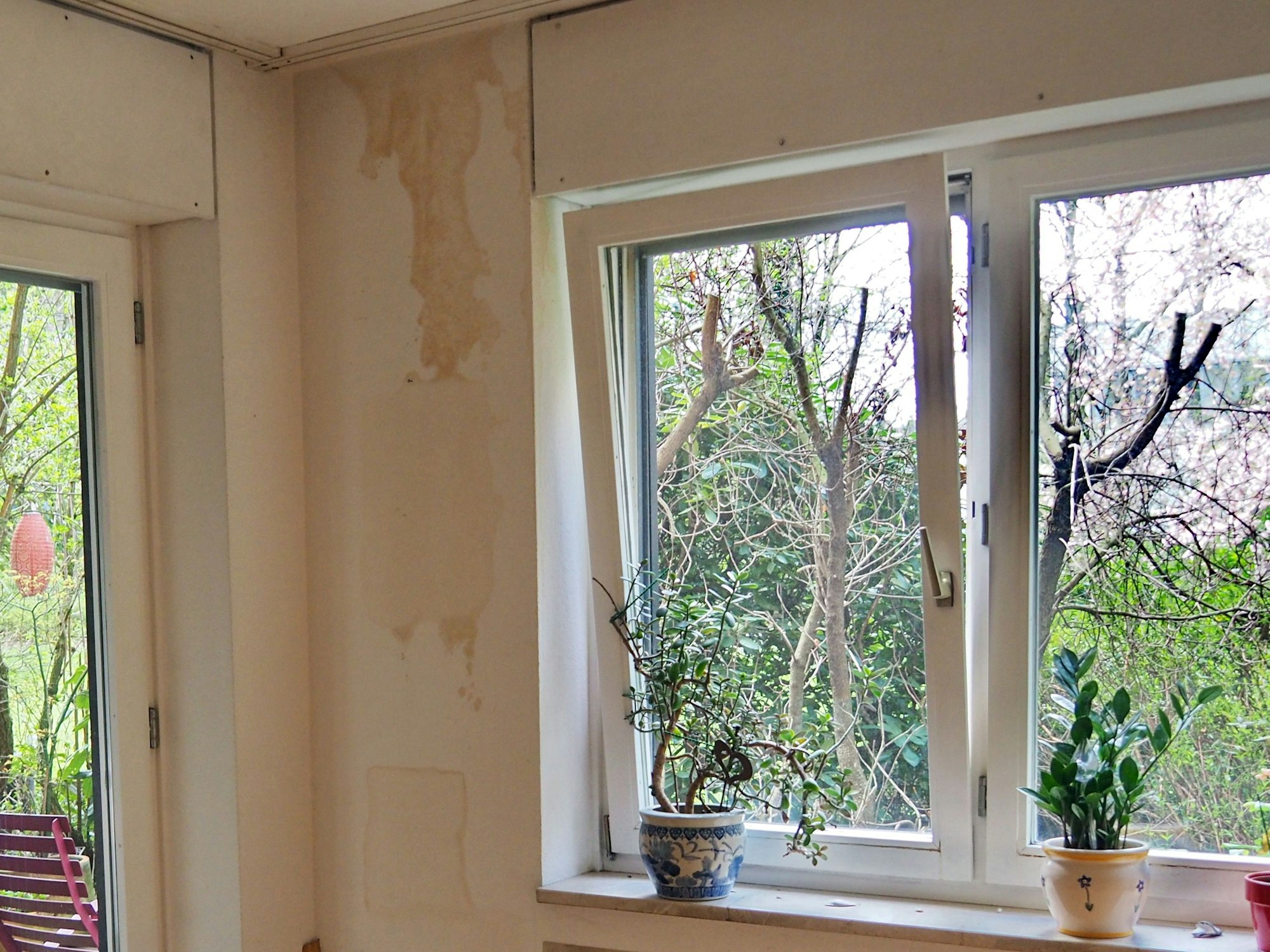 Wasserschaden an einer Wand in einer Wohnung.