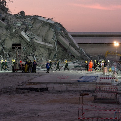 Rescue teams operate at a construction site where a building collapsed in Bangkok on March 28, 2025, following an earthquake. A powerful earthquake killed more than 20 people across Myanmar and Thailand on March 28, toppling buildings and bridges and trapping over 80 workers in an under-construction skyscraper in Bangkok. (Photo by Chanakarn Laosarakham / AFP)