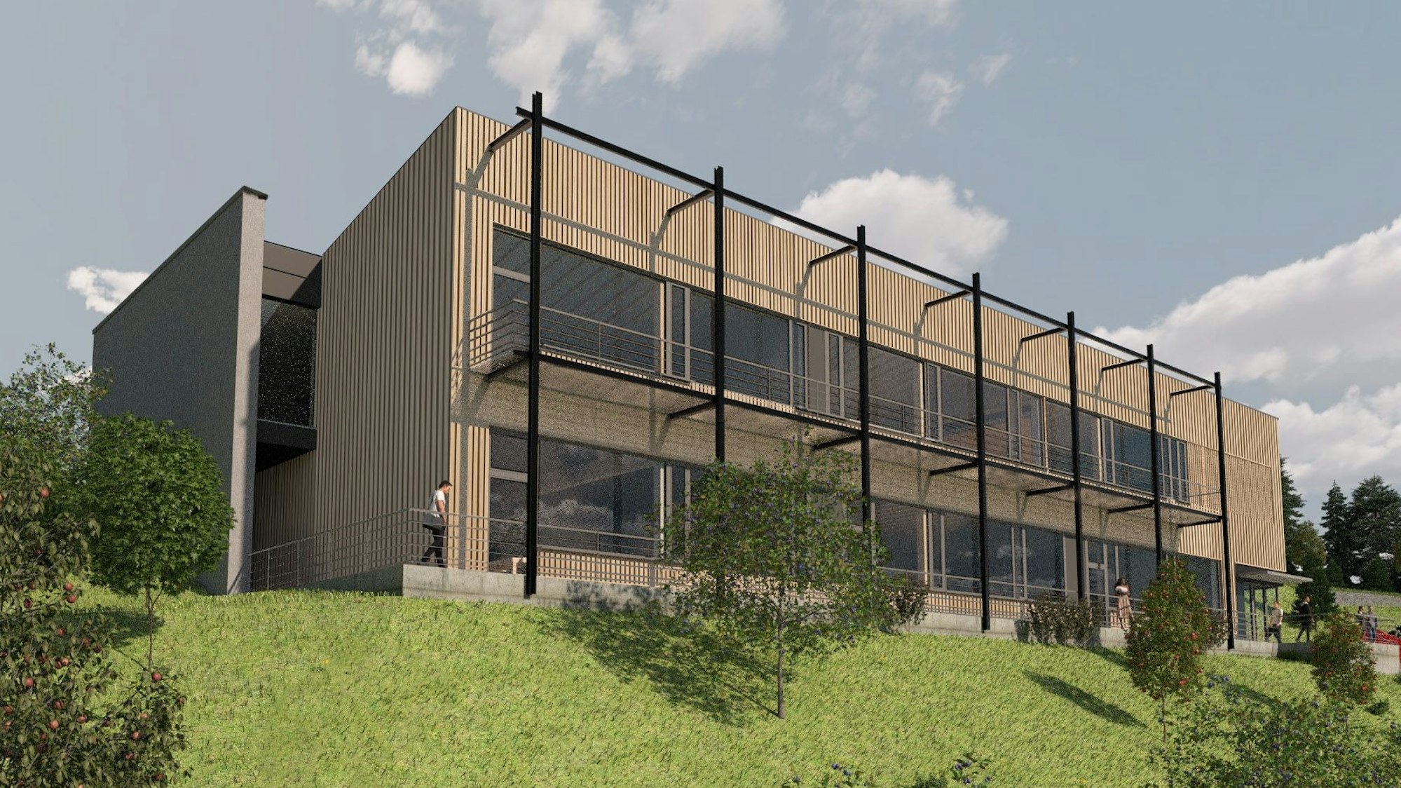 Einer der beiden zweigeschossigen Neubauten ist in einer Visualisierung zu sehen.