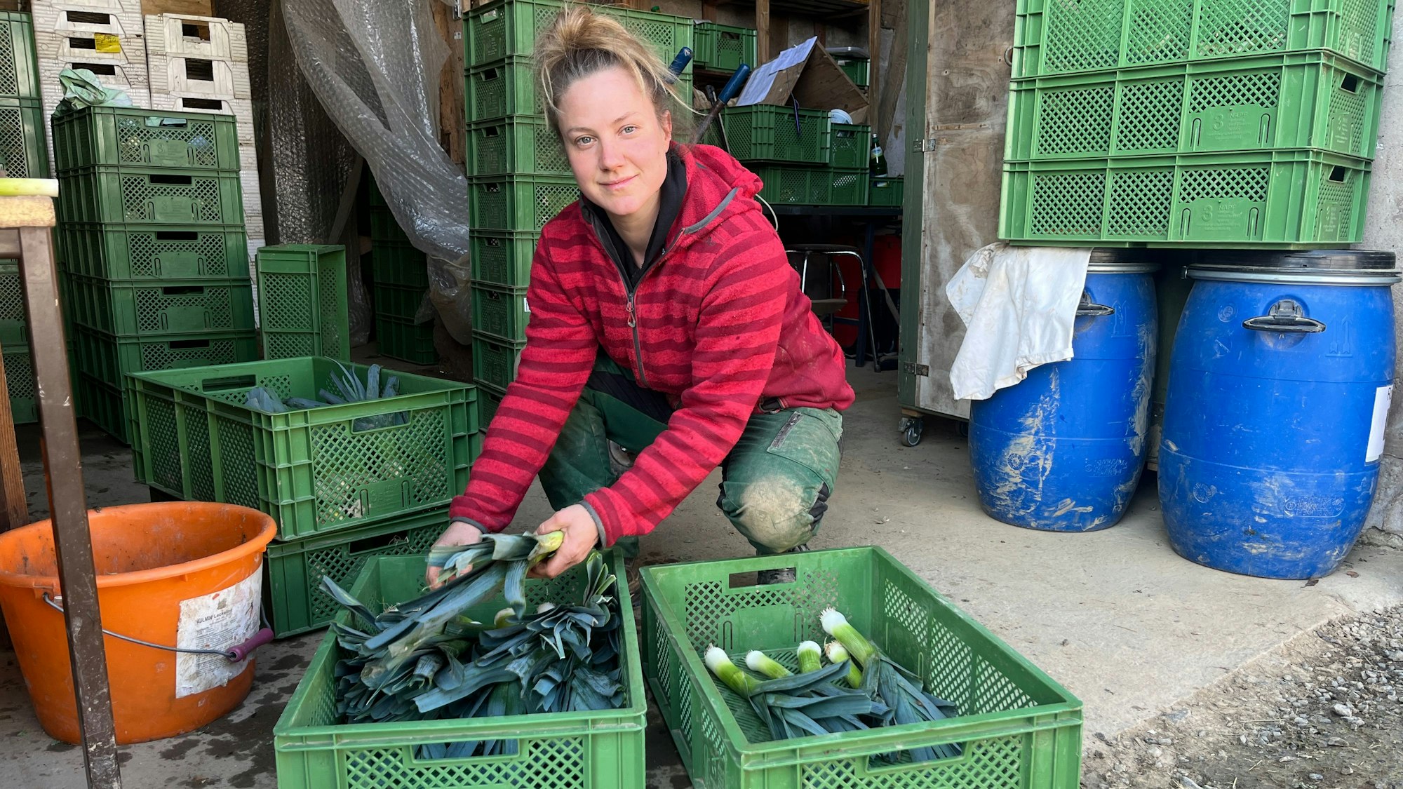 Die Solidarische Landwirtschaft Hanfer Hof existiert seit zehn Jahren, gerade beginnt das neue Erntejahr. Lotte Jobs bereitet die Verteilung vor.