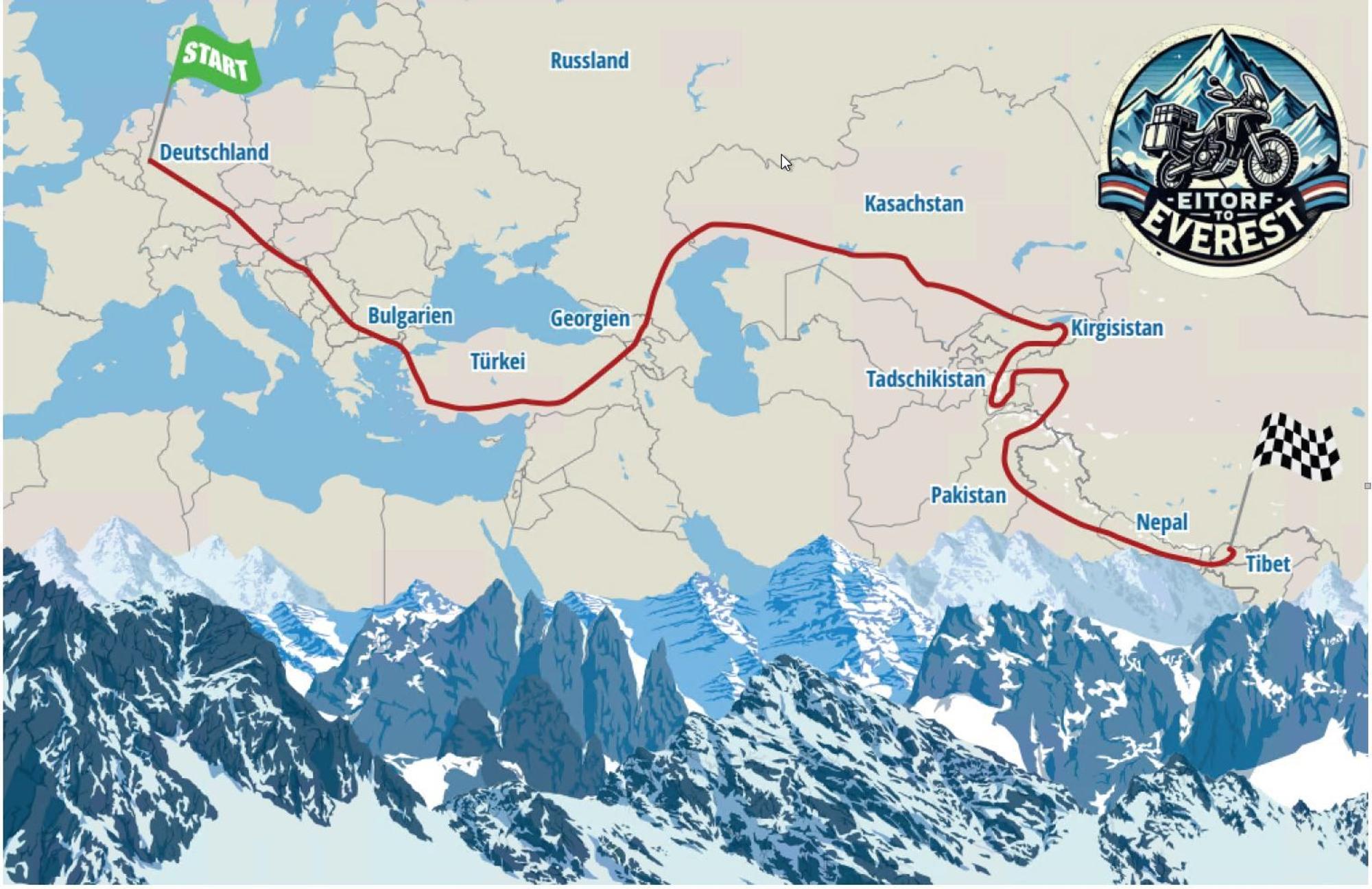 Die Route von Eitorf bis Tibet