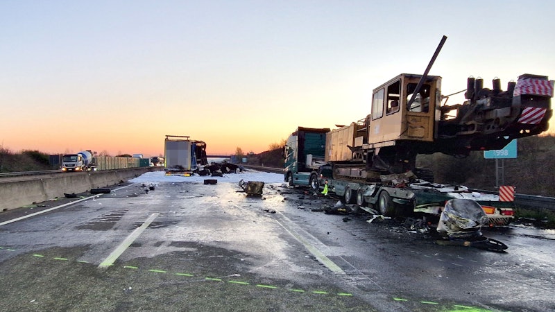 Das Bild zeigt einen Tieflader auf dem Standstreifen.