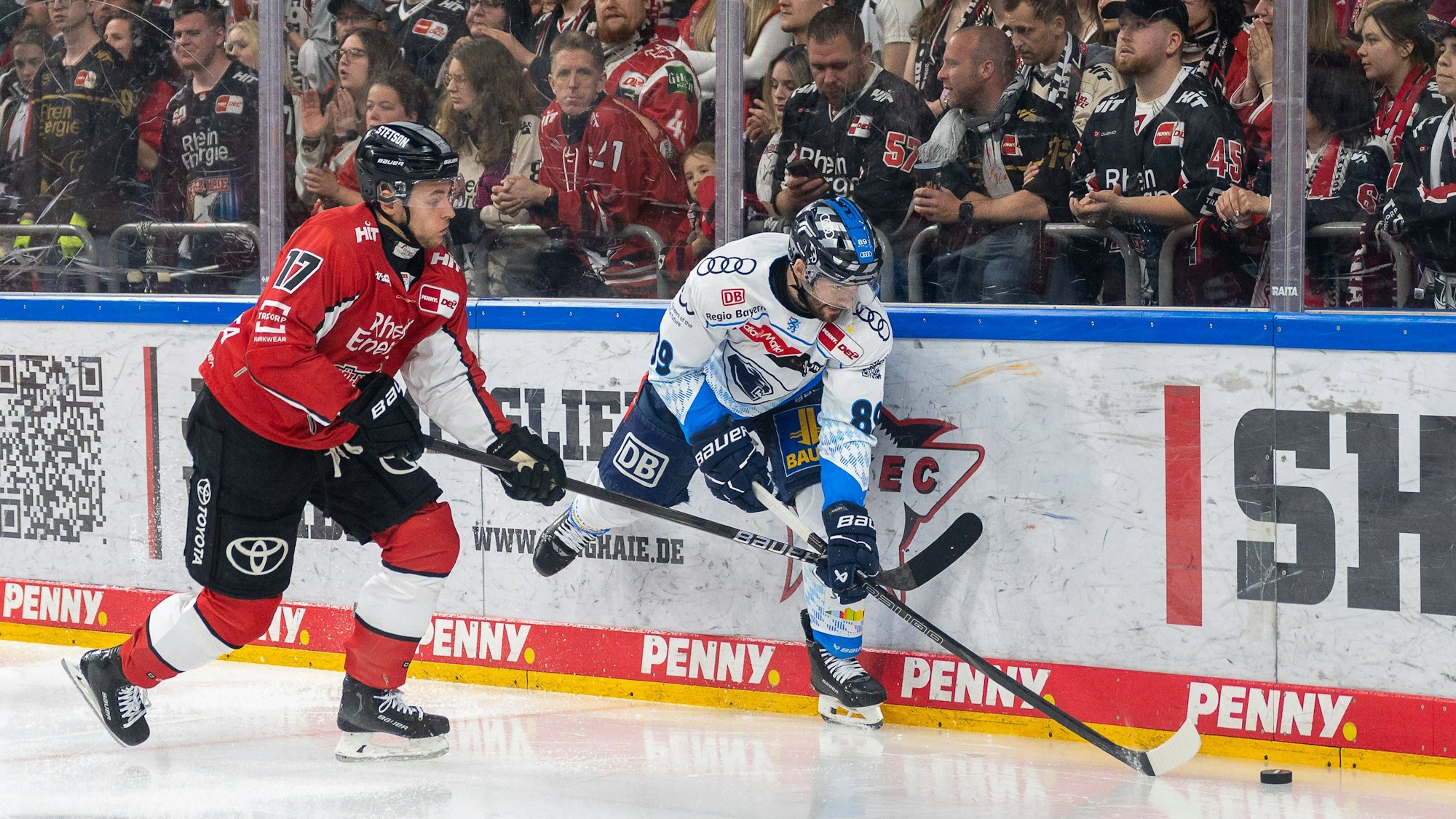 Haie-Verteidiger Jan Luca Sennhenn (l.) im Zweikampf mit dem Ingolstädter Austen Keating.