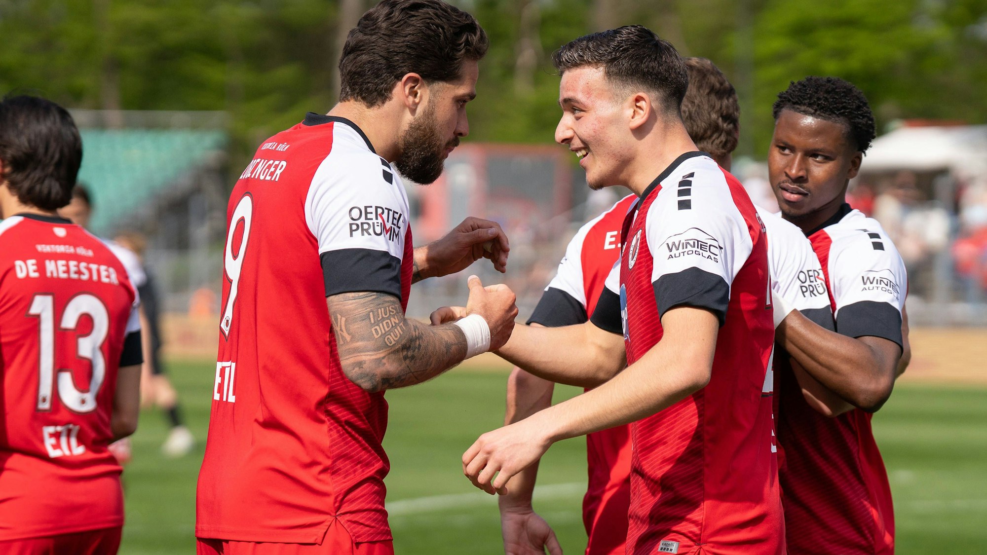 05.04.2025, xydrx, Fußball, Viktoria Köln - SpVgg Unterhaching , 3.Liga, Sportpark Höhenberg, Saison 2024 2025: Lex-Tyger Lobinger Viktoria Köln 9 Said El Mala Viktoria Köln 22 Sidny Lopes Cabral Viktoria Köln 5 bejubeln das Tor von Said El Mala Viktoria Köln 22 zum 3:1, freuen sich DFB regulations prohibit any use of photographs as image sequences and or quasi-video. Nordrhein-Westfahlen Deutschland *** 05 04 2025, xydrx, Fußball, Viktoria Köln SpVgg Unterhaching , 3 Liga, Sportpark Höhenberg, Saison 2024 2025 Lex Tyger Lobinger Viktoria Köln 9 Said El Mala Viktoria Köln 22 Sidny Lopes Cabral Viktoria Köln 5 celebrate the goal of Said El Mala Viktoria Köln 22 to 3 1, freuen sich DFB regulations prohibit any use of photographs as image sequences and or quasi video Nordrhein Westfahlen Deutschland