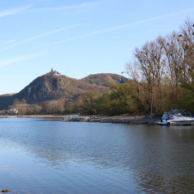 Der alte Rheinarm mit der Nordspitze der Insel Grafenwerth, im Hintergrund der Drachenfels in Königswinter