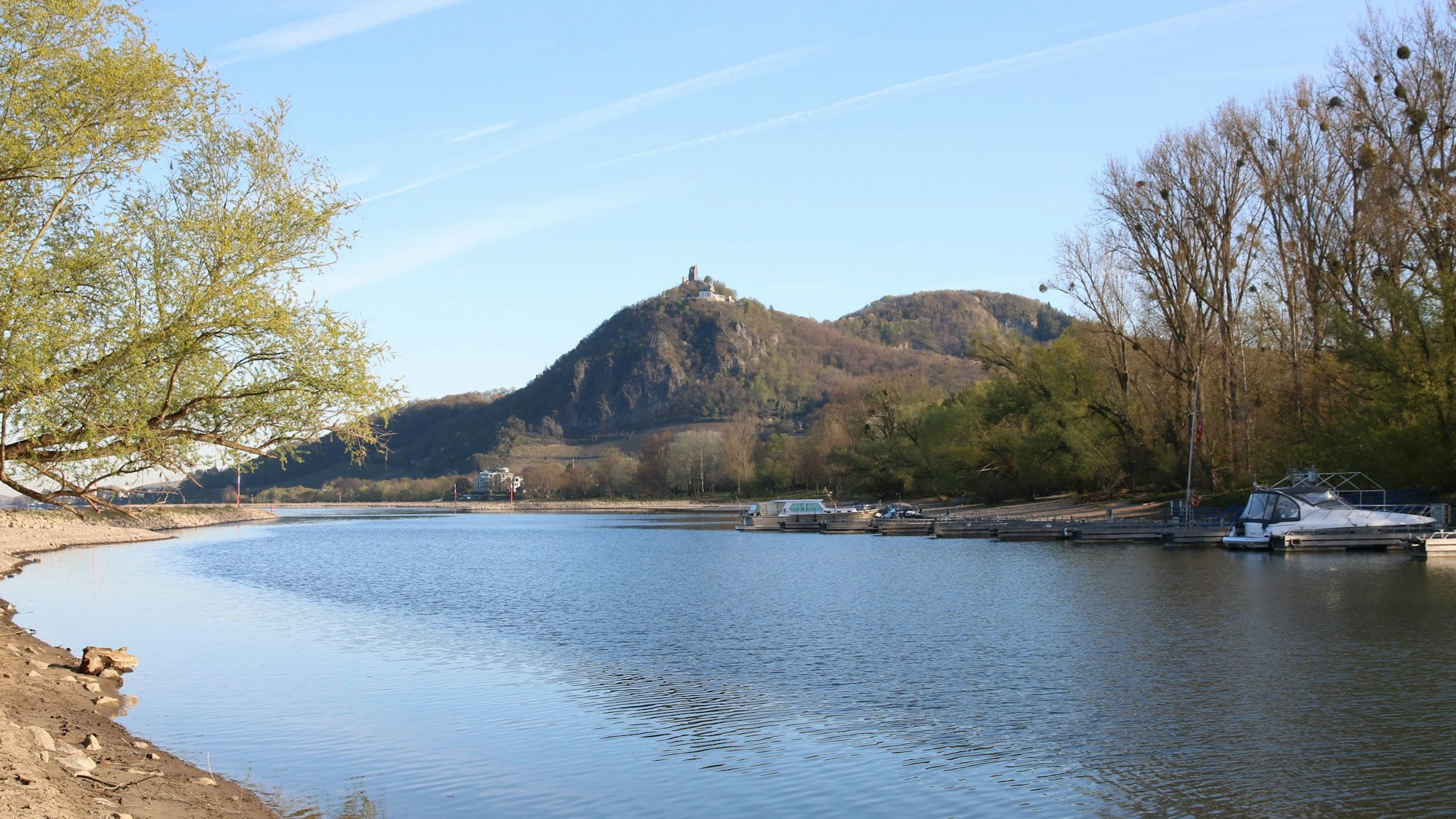 Der alte Rheinarm mit der Nordspitze der Insel Grafenwerth, im Hintergrund der Drachenfels in Königswinter