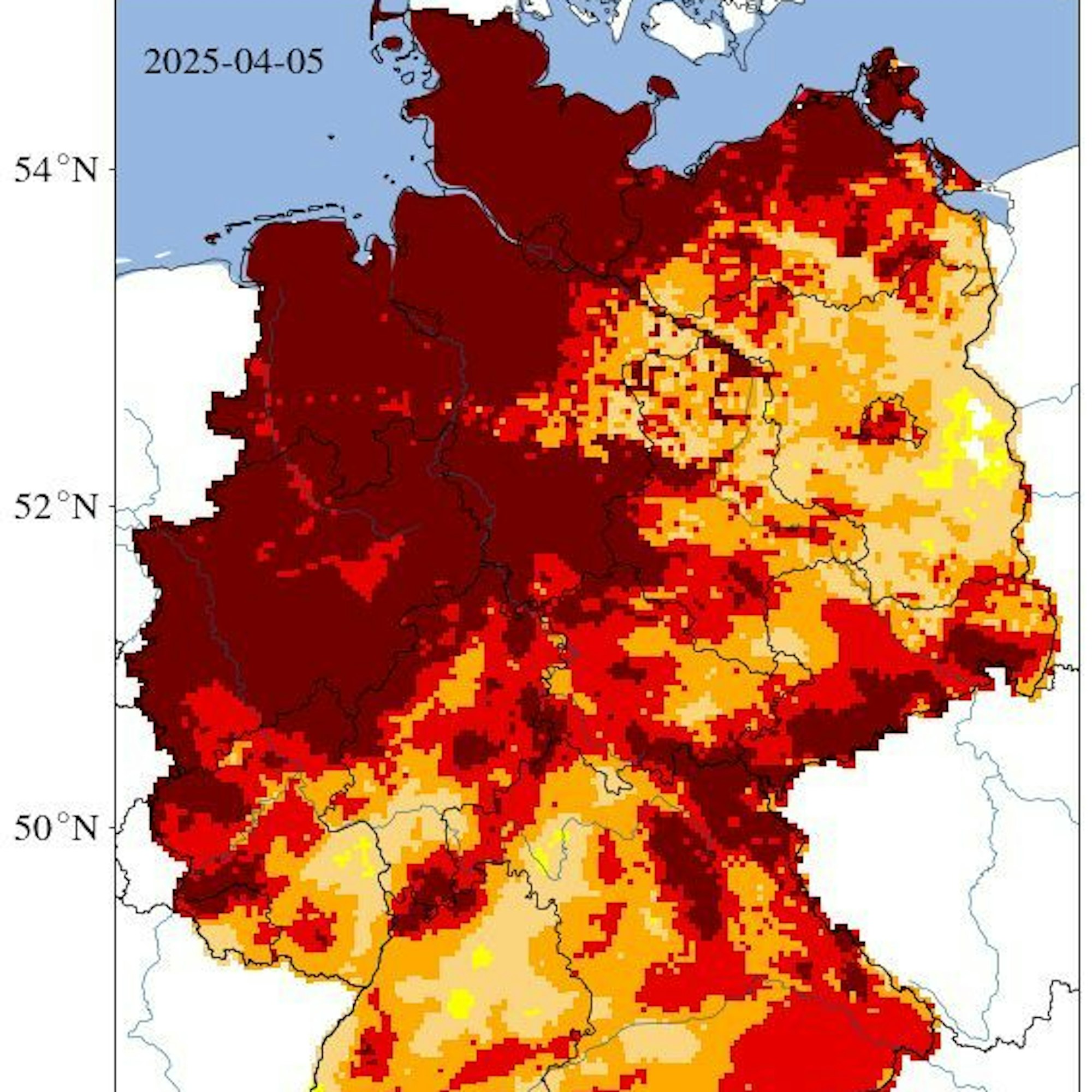 Die Deutschlandkarte zeigt die Dürregrade im Oberboden bis 25 Zentimeter der letzten 30 Tage. In NRW herrscht größtenteils eine „außergewöhnliche Dürre“.