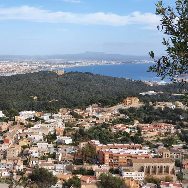 View of Genova, Mallorca, Balearic Islands, Spain, with the Castel Belver in the middle of the picture and Palma de Mallorca in the background
