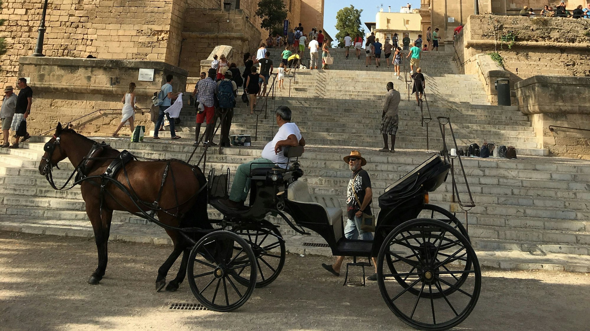 Eine Pferdekutsche steht vor der Kathedrale.