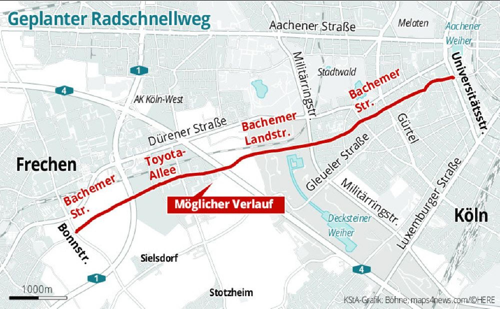 Das Bild zeigt eine Karte mit dem möglichen Verlauf des Radschnellweges von Frechen nach Köln.