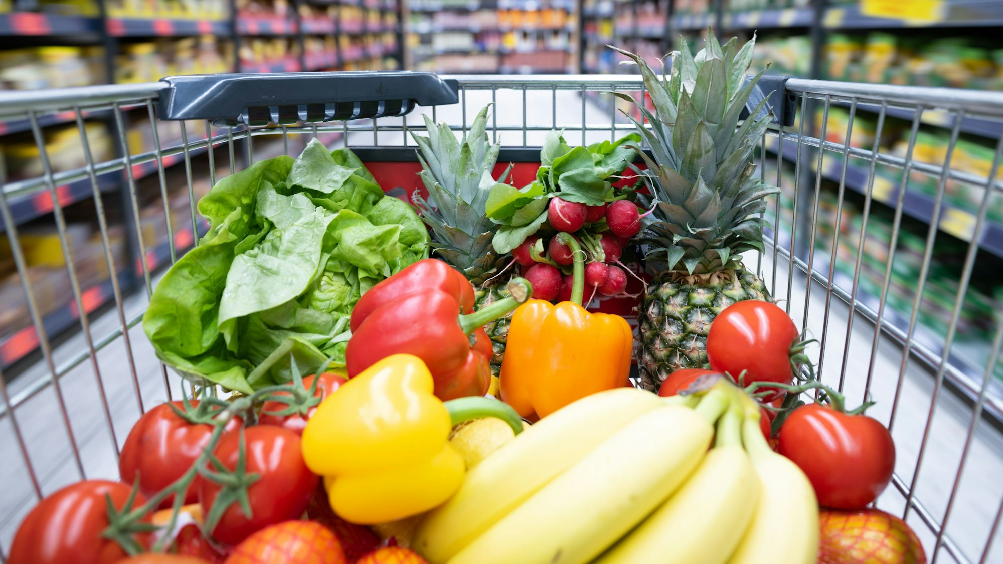 Ein Einkaufskorb mit Obst und Gemüse steht in einem Supermarkt.