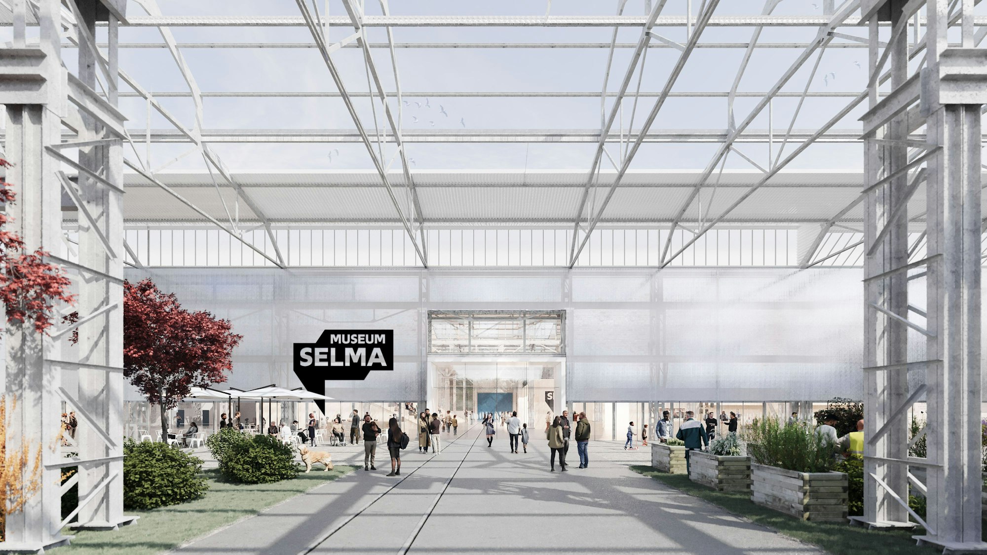 Der großzügige Eingangsbereich, offen für alle Menschen im Quartier, ist Teil des Konzepts. Die alten Industrieschienen leiten Besuchende ins Museum Selma.