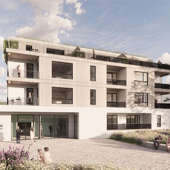 Eine Visualisierung eines Gebäudes mit Gemeindezentrum im Erdgeschoss.