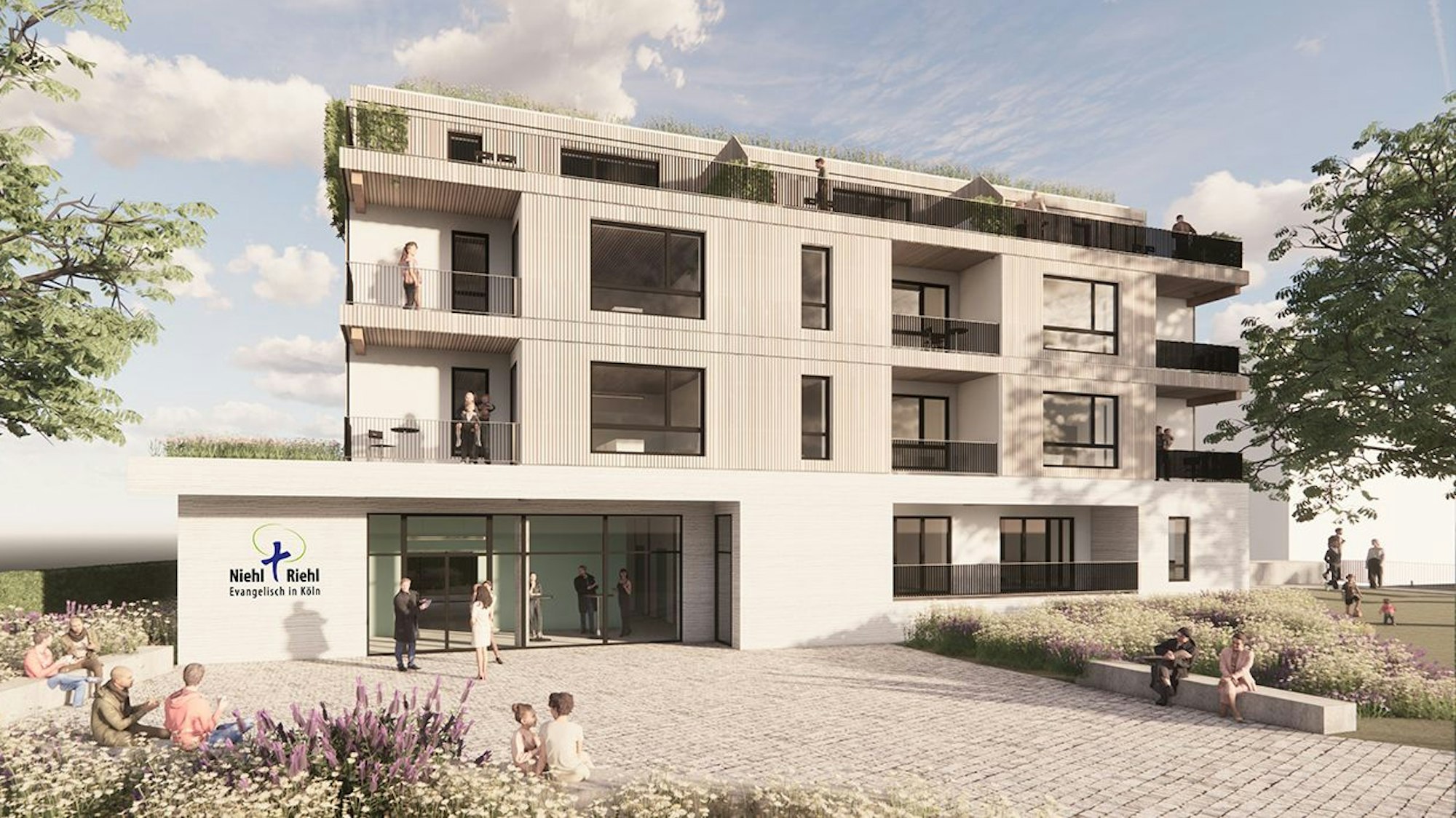 Eine Visualisierung eines Gebäudes mit Gemeindezentrum im Erdgeschoss.