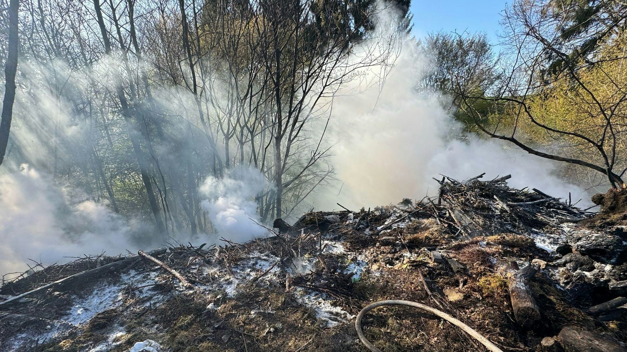Alte Grünabfälle brennen auf einem Hang nahe eines Waldes.