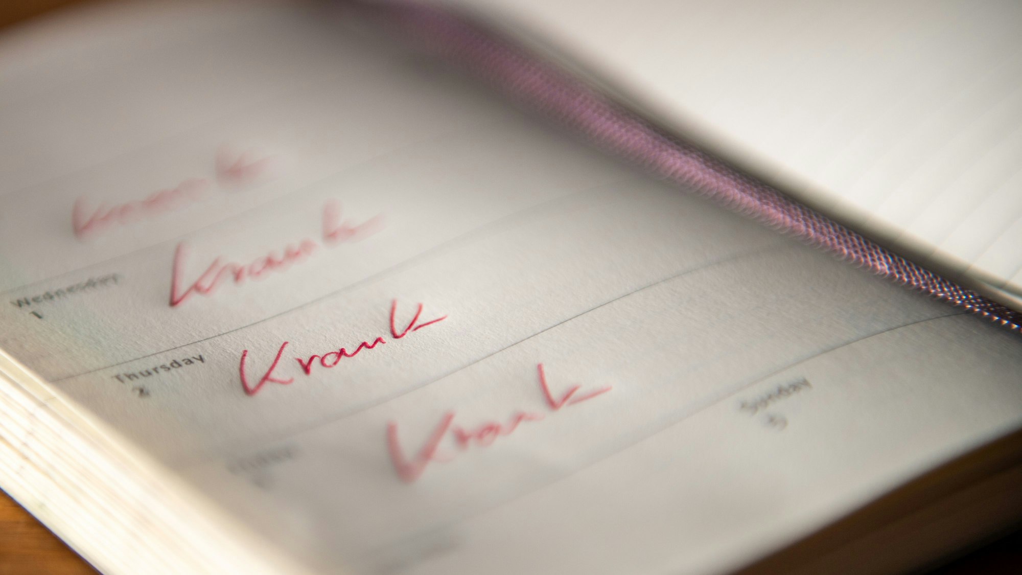 Das Bild zeigt ein Buch, in dem Tage mit „Krank“ gekennzeichnet sind.