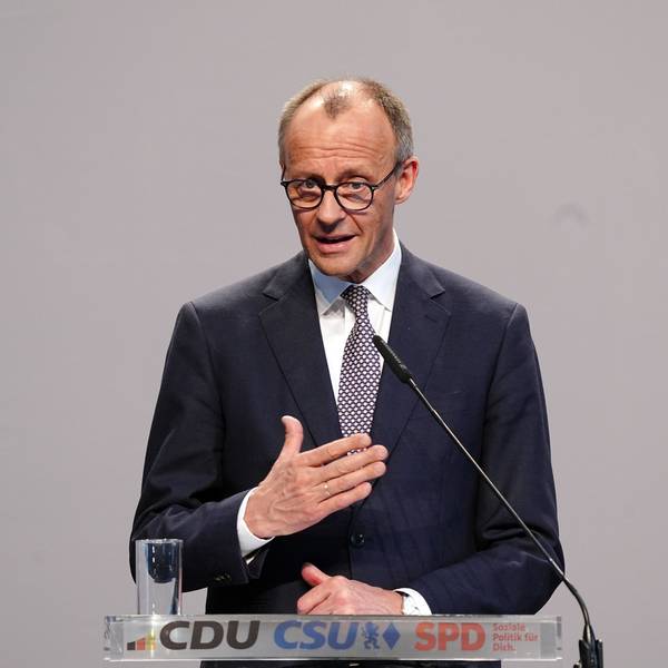 Friedrich Merz, Unions-Kanzlerkandidat und CDU-Bundesvorsitzender, spricht bei einer Pressekonferenz der Parteivorsitzenden von Union und SPD zur Vorstellung des Koalitionsvertrages im Paul-Löbe-Haus. (Archivbild)