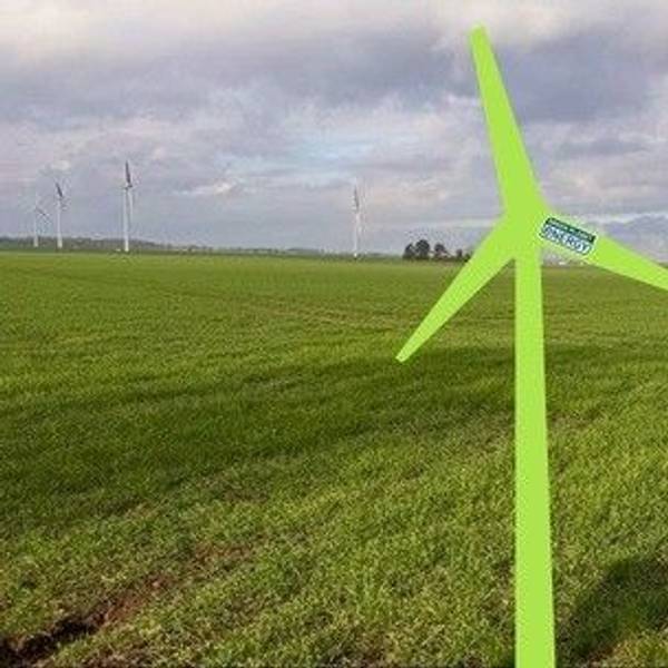 Auf einer Wiese stehen grüne Pappaufsteller in Form von Windrädern.