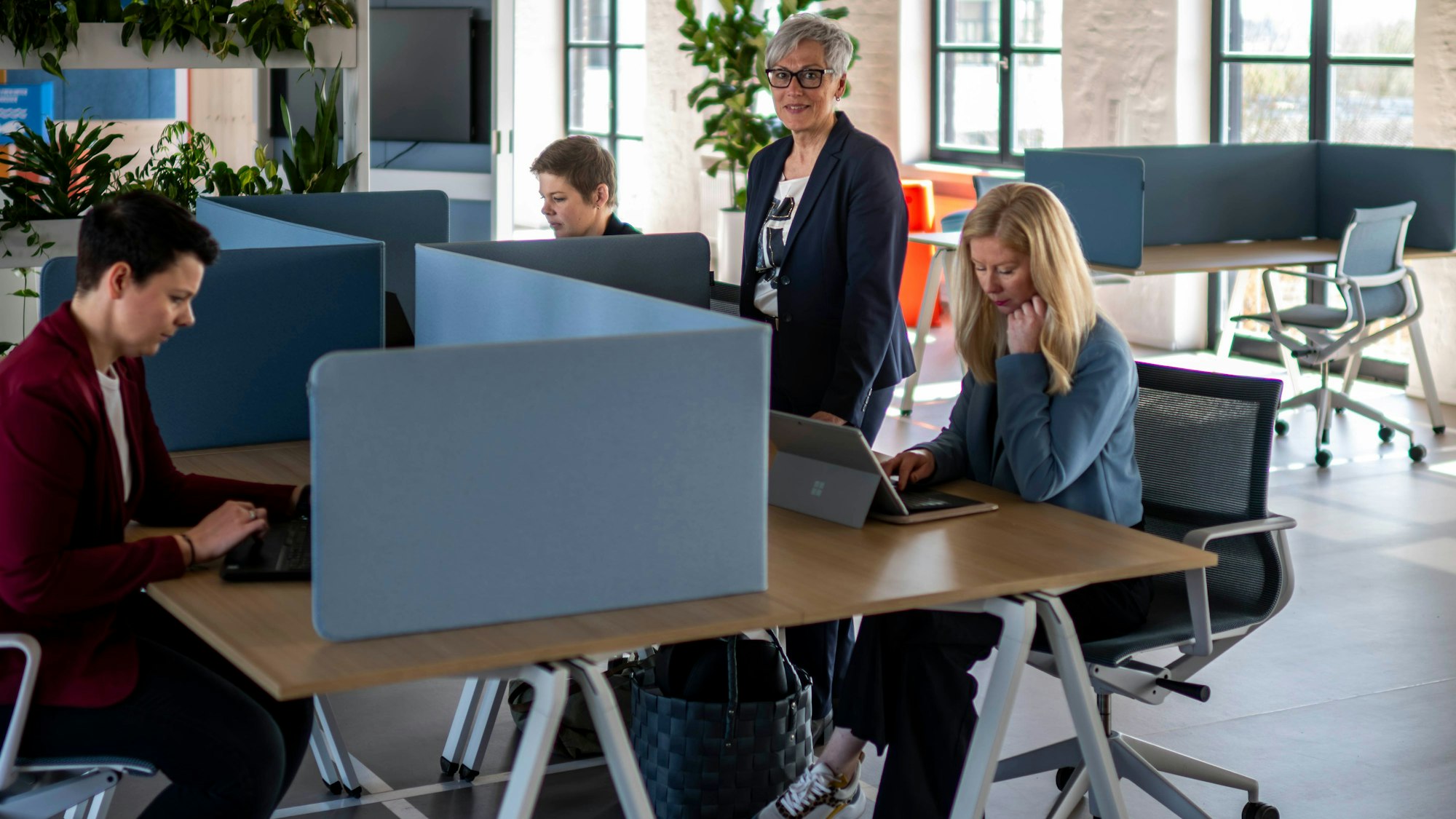 Das Bild zeigt Iris Poth und einen Teil des Teams der Wirtschaftsförderung im Kreis Euskirchen an Laptops.