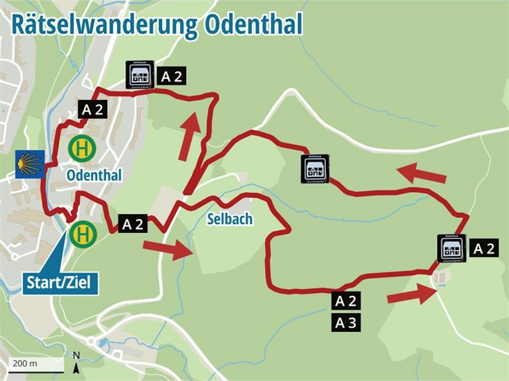 Auf einer Karte ist eine rote Wanderstrecke eingezeichnet.