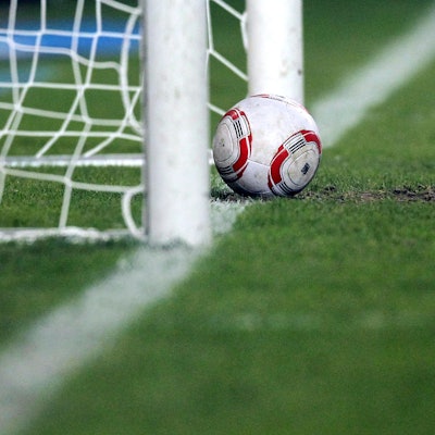 Ein Fußball liegt auf der Torlinie.