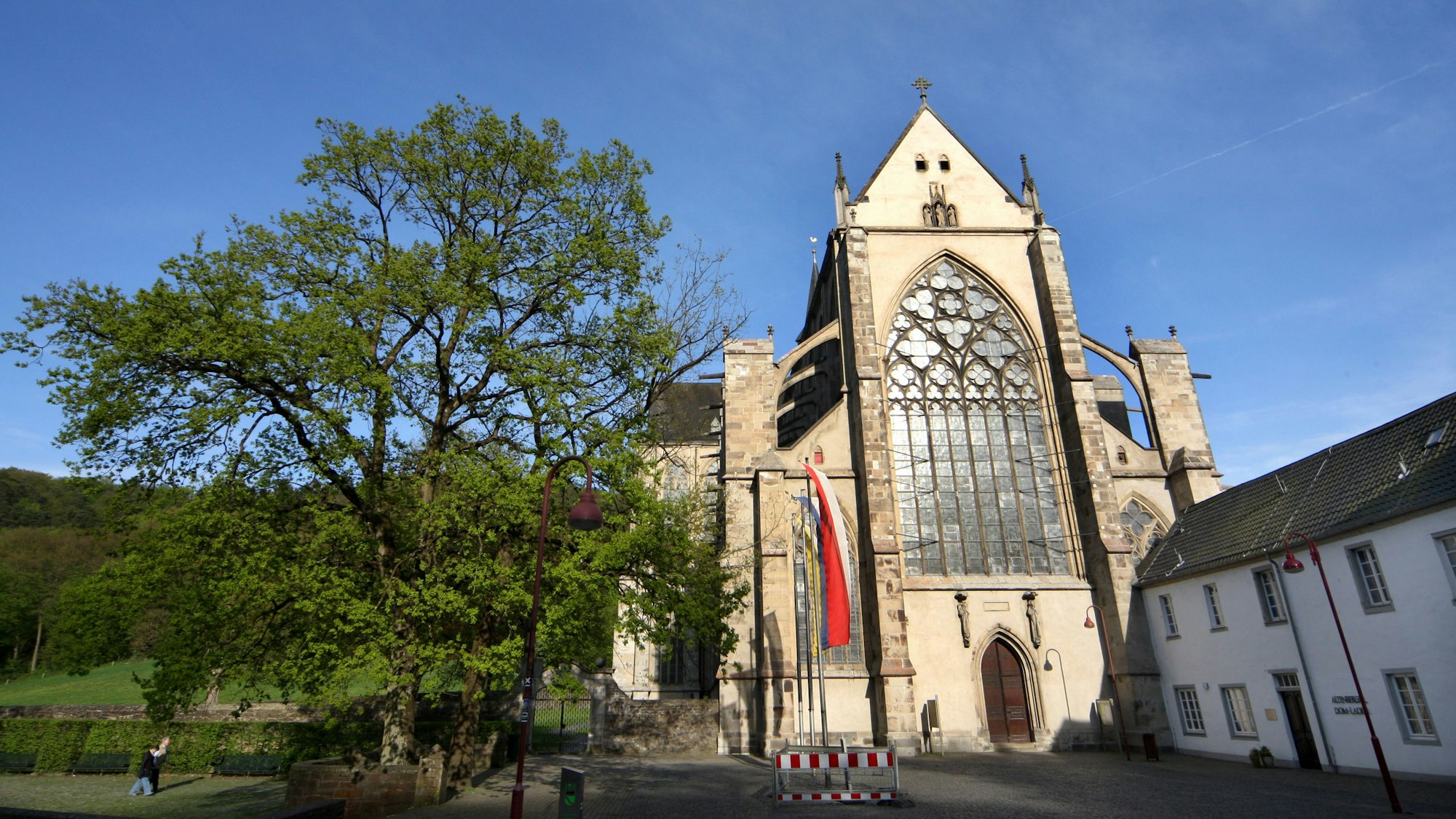 Neben dem Altenberger Dom steht ein Baum, über Baum, Dom und Haus Altenberg ist blauer Himmel zu sehen.