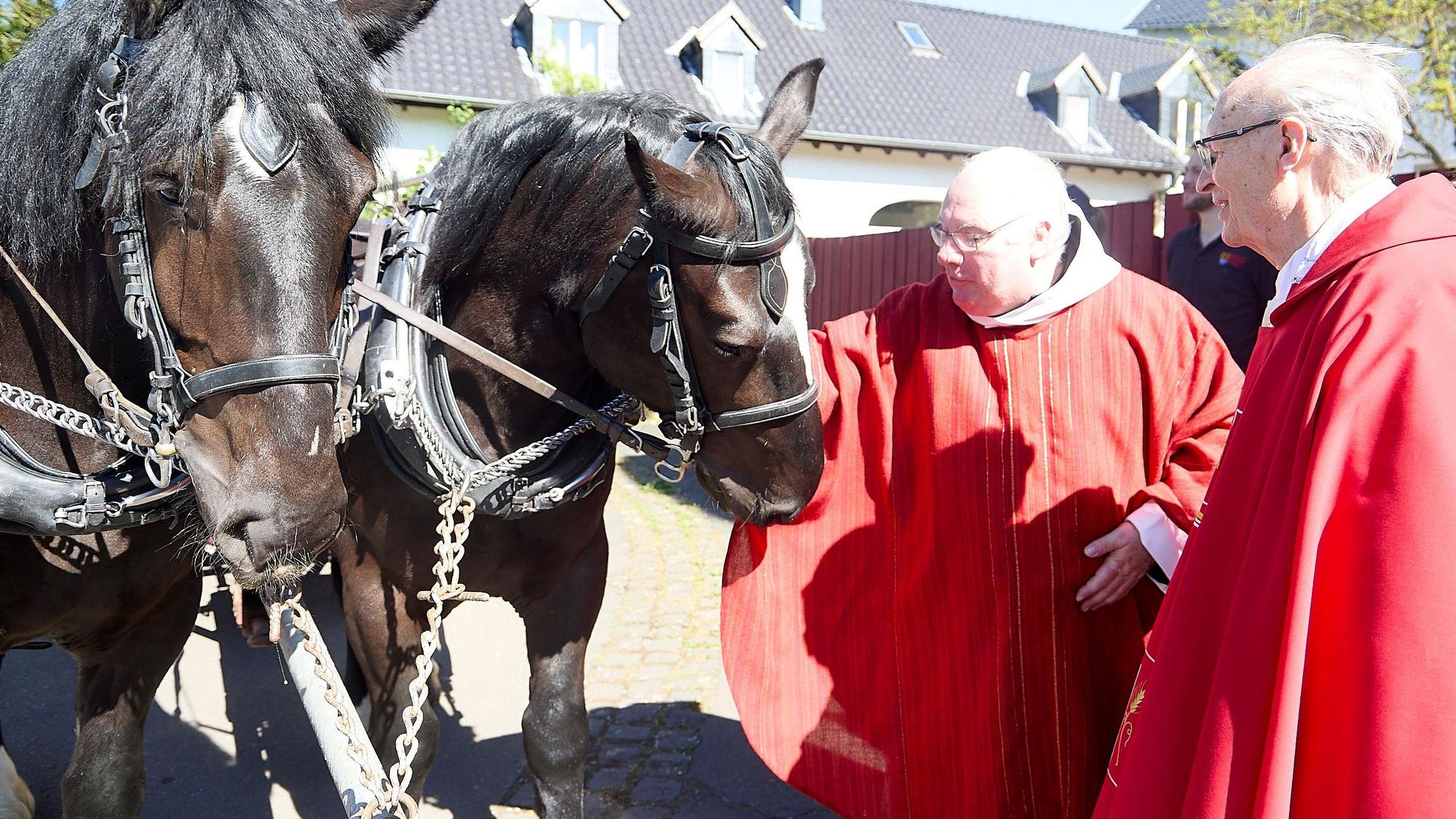 Zwei Priester in roten Gewändern stehen vor zwei schwarzen Pferden. Das eine Pferd beschnuppert das Gewand eines Priesters.