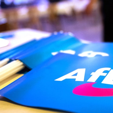 Fähnchen mit dem Logo der AfD liegen auf einem Tisch.