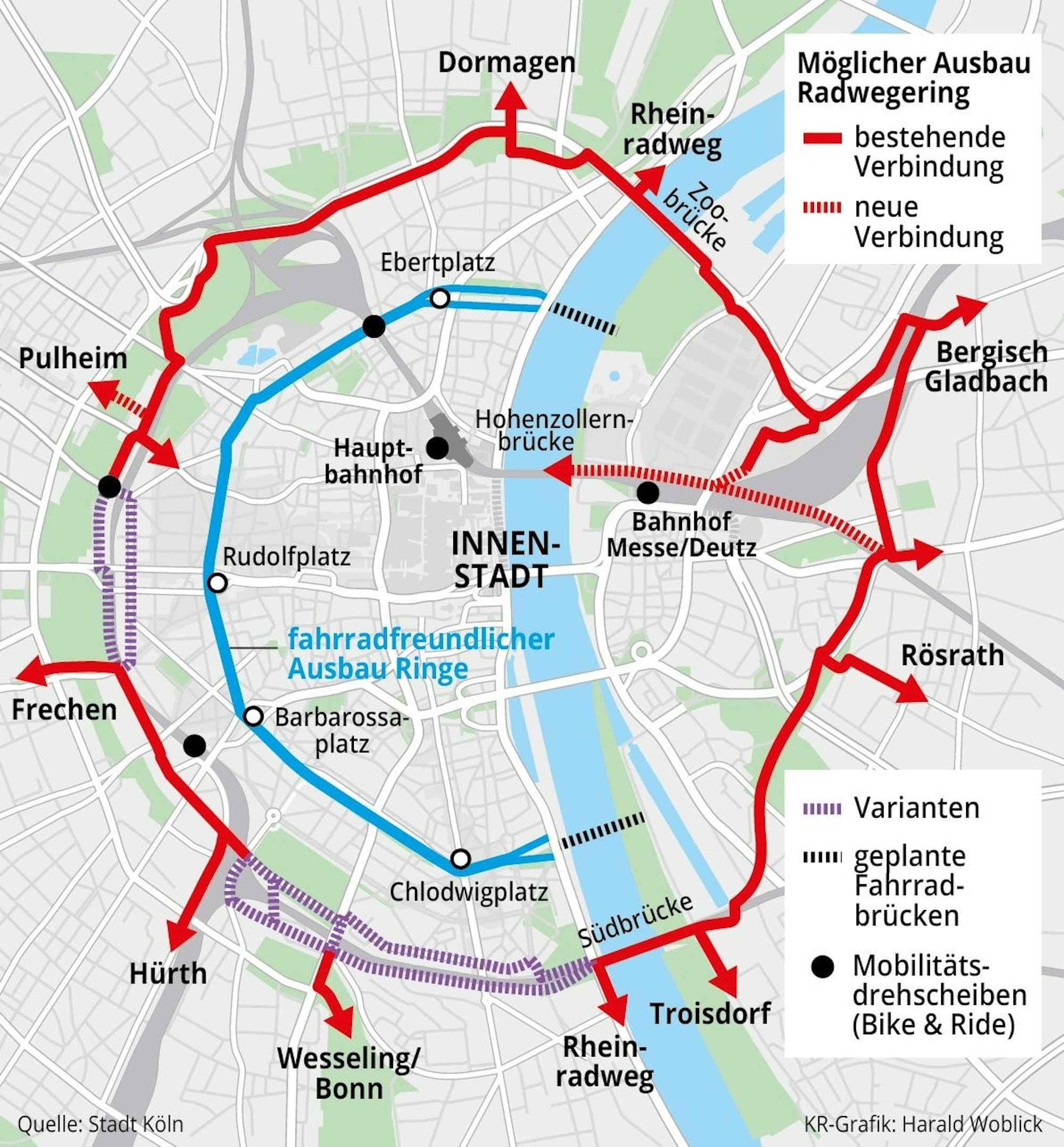 Die Kölner Innenstadt soll mit einem durchgehenden Radwegering besser für den Fahrradverkehr erschlossen werden.