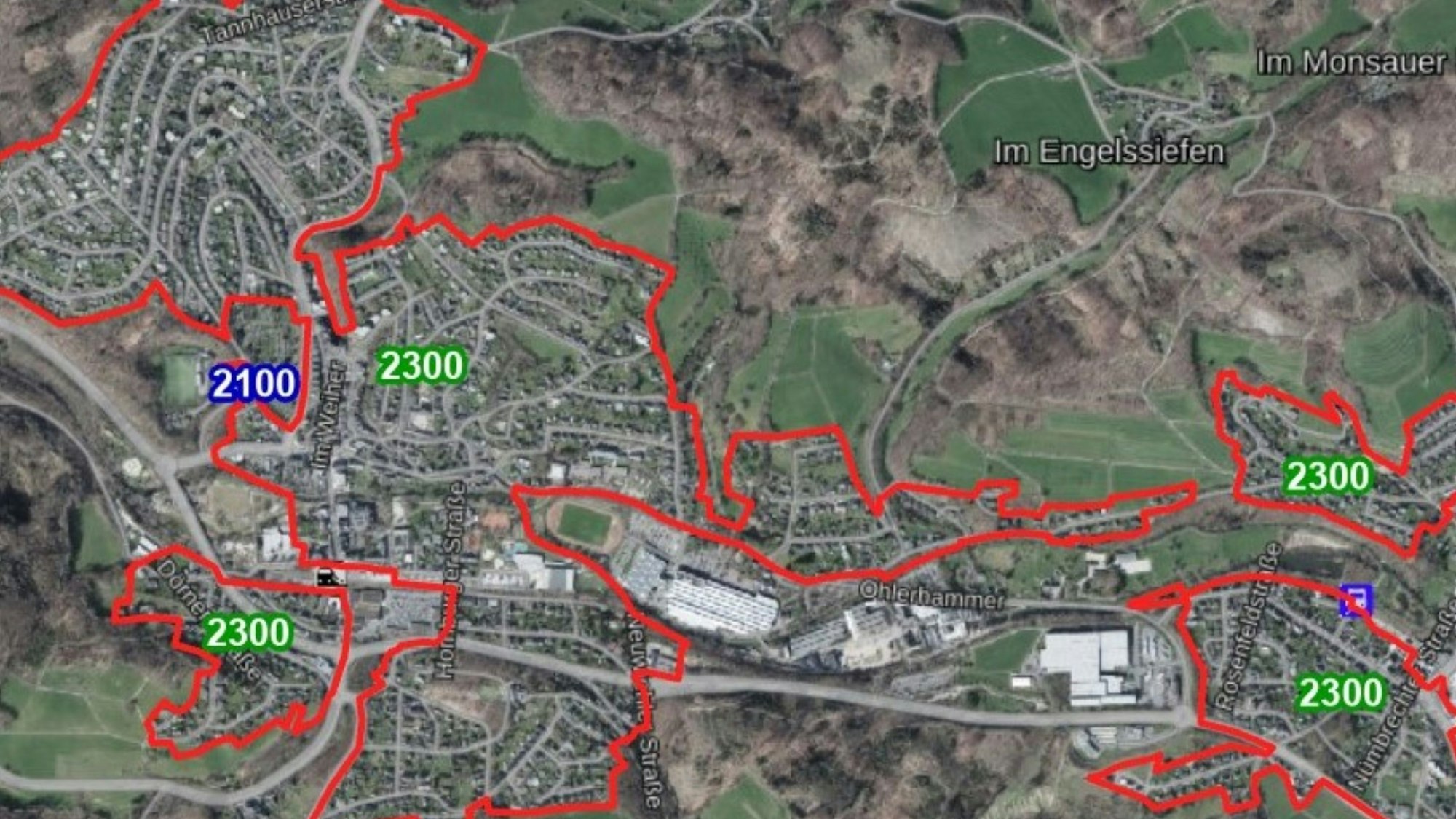 Screenshot von einer Landkarte mit angegebenen Immobilienwerten