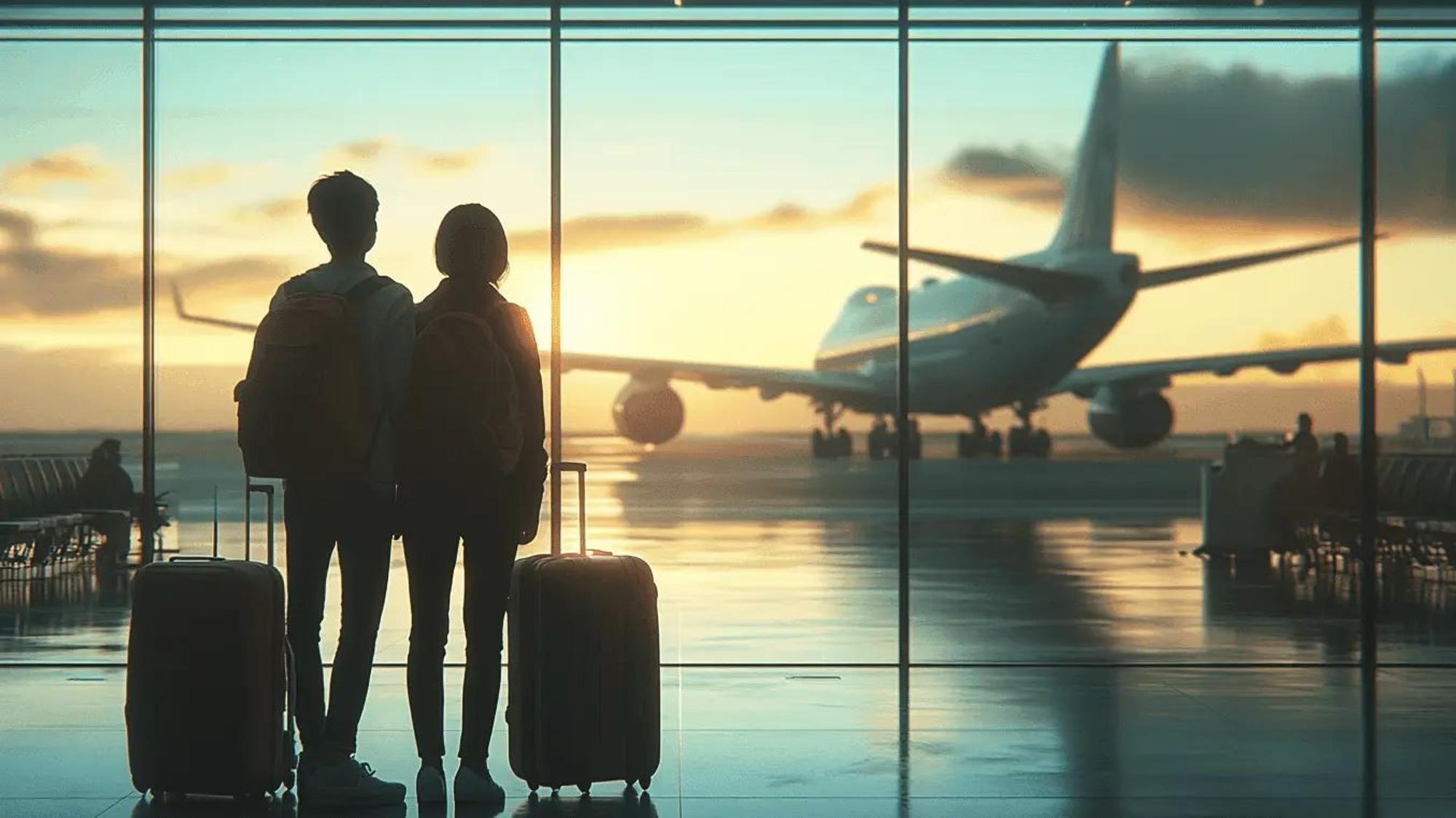 Mann und Frau am Flughafen vor Flugzeug.