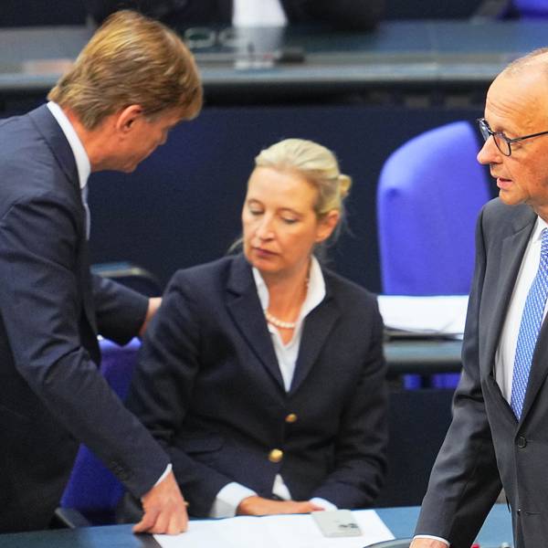 Friedrich Merz geht am Dienstag durch den Bundestag. Im Hintergrund ist AfD-Chefin Alice Weidel zu sehen.