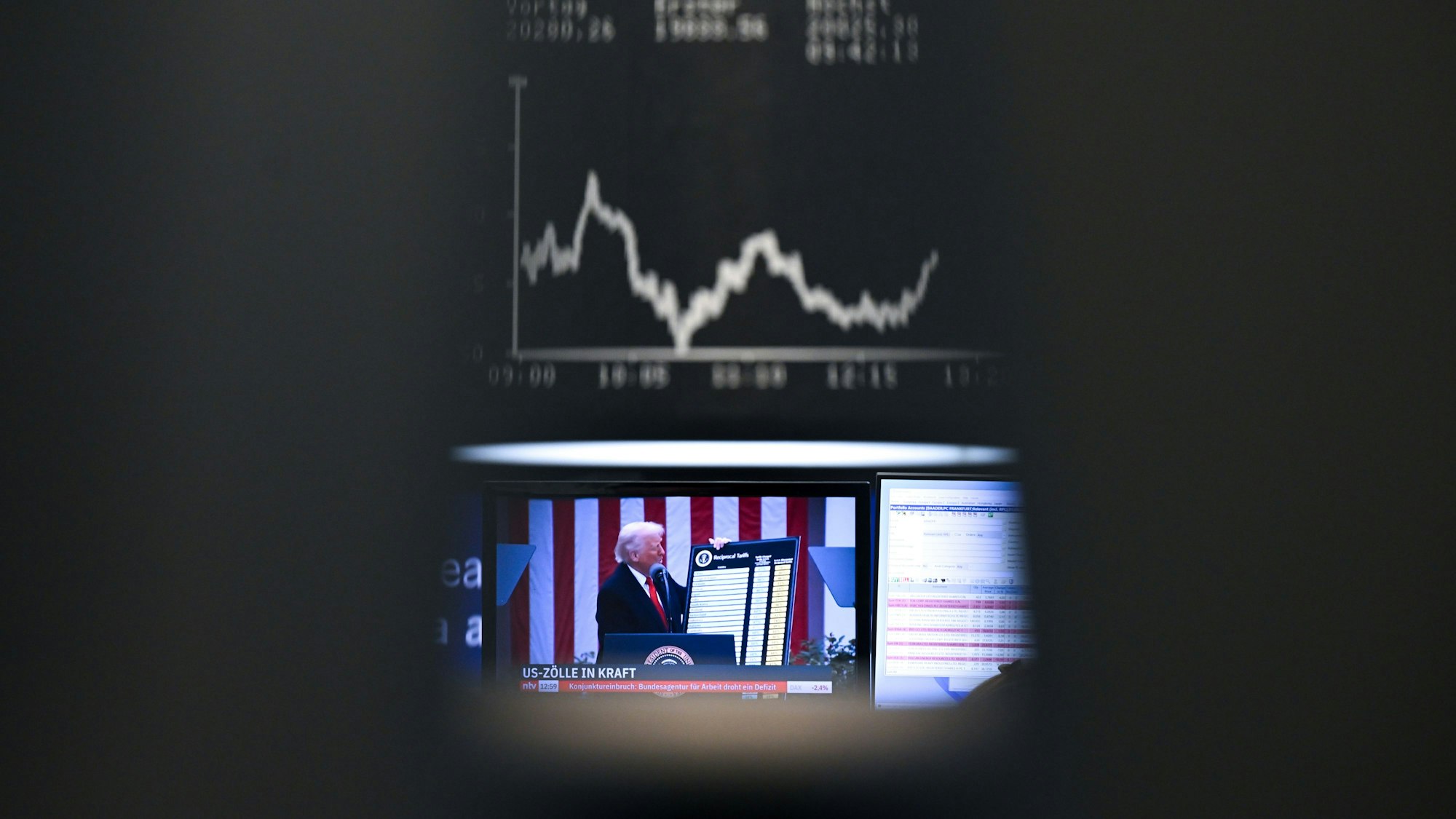 US-Präsident Trump ist auf einem Bildschirm auf dem Parkett der Frankfurter Wertpapierbörse vor der Anzeigetafel mit der Dax-Kurve zu sehen.