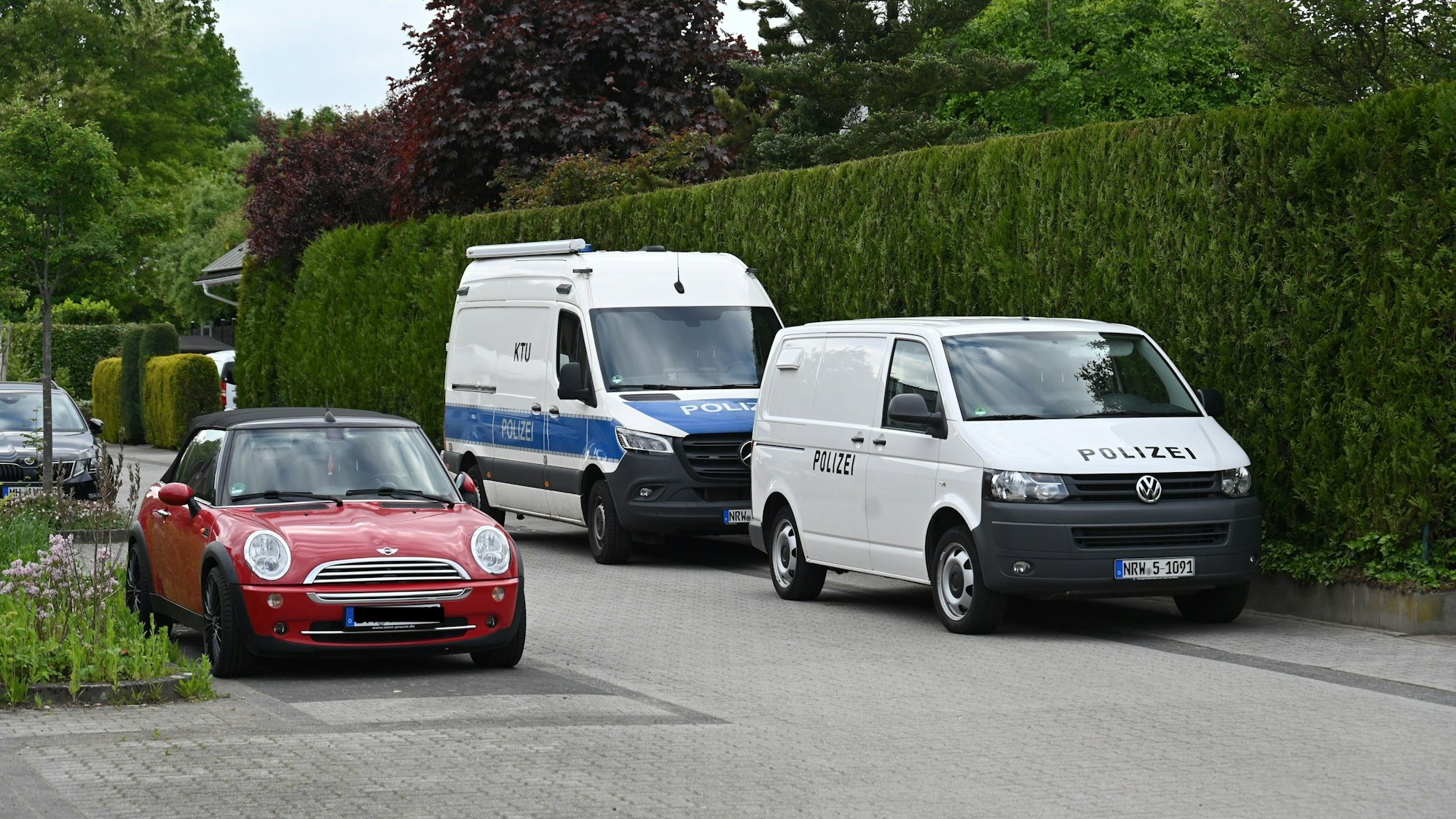 Mehrere Fahrzeuge stehen auf einer Straße.