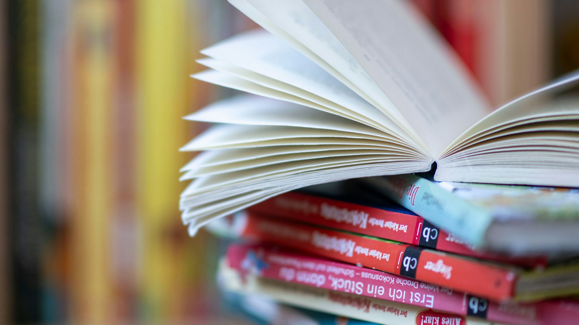 Kinderbücher liegen in einem Kinderzimmer in Leipzig auf einem Stapel.