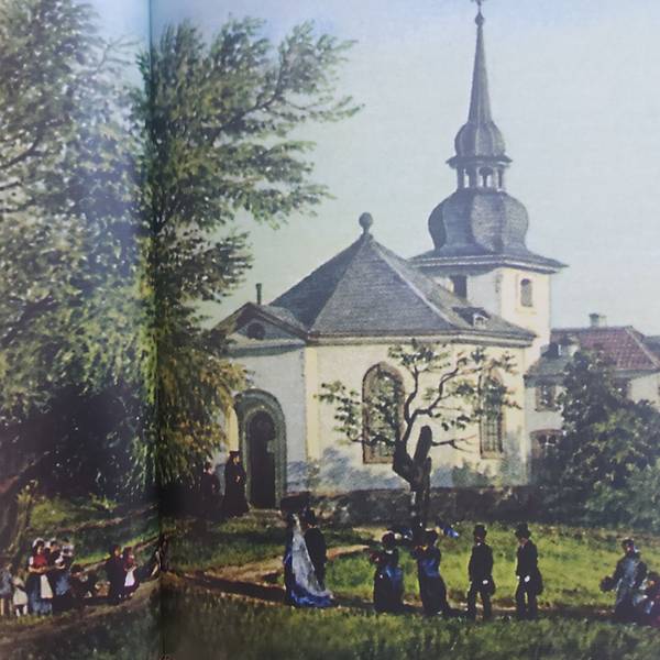 Eine Biedermeier-Darstellung einer Kirche, davor ein Hochzeitszug um 1824.