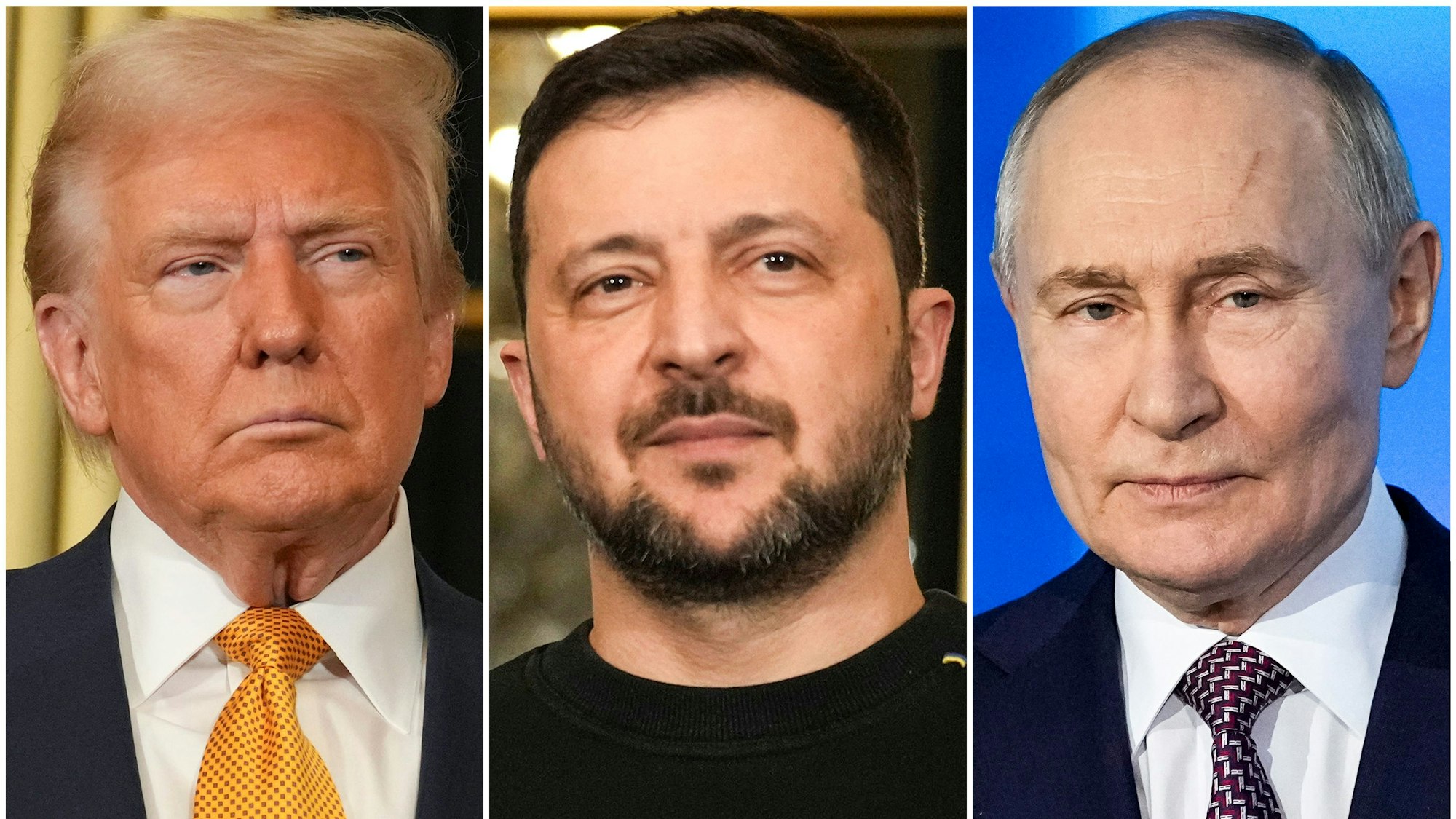 Die Kombo zeigt US-Präsident Donald Trump (l) und den ukrainischen Präsidenten Wolodymyr Selenskyj (M) und Russlands Präsident Wladimir Putin.