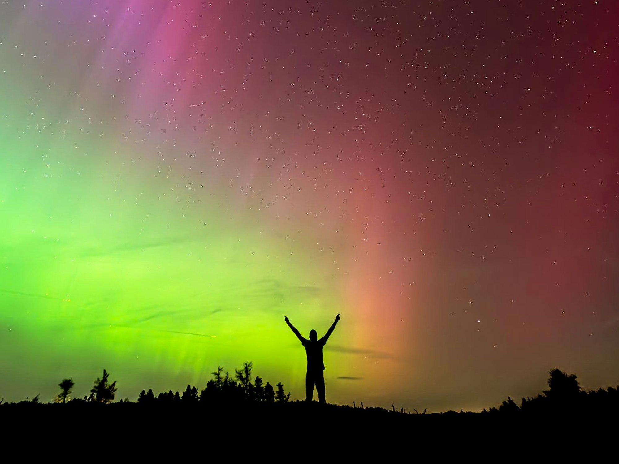 Ein Mann reckt unter Polarlichtern am Himmel die Arme in die Höhe.
