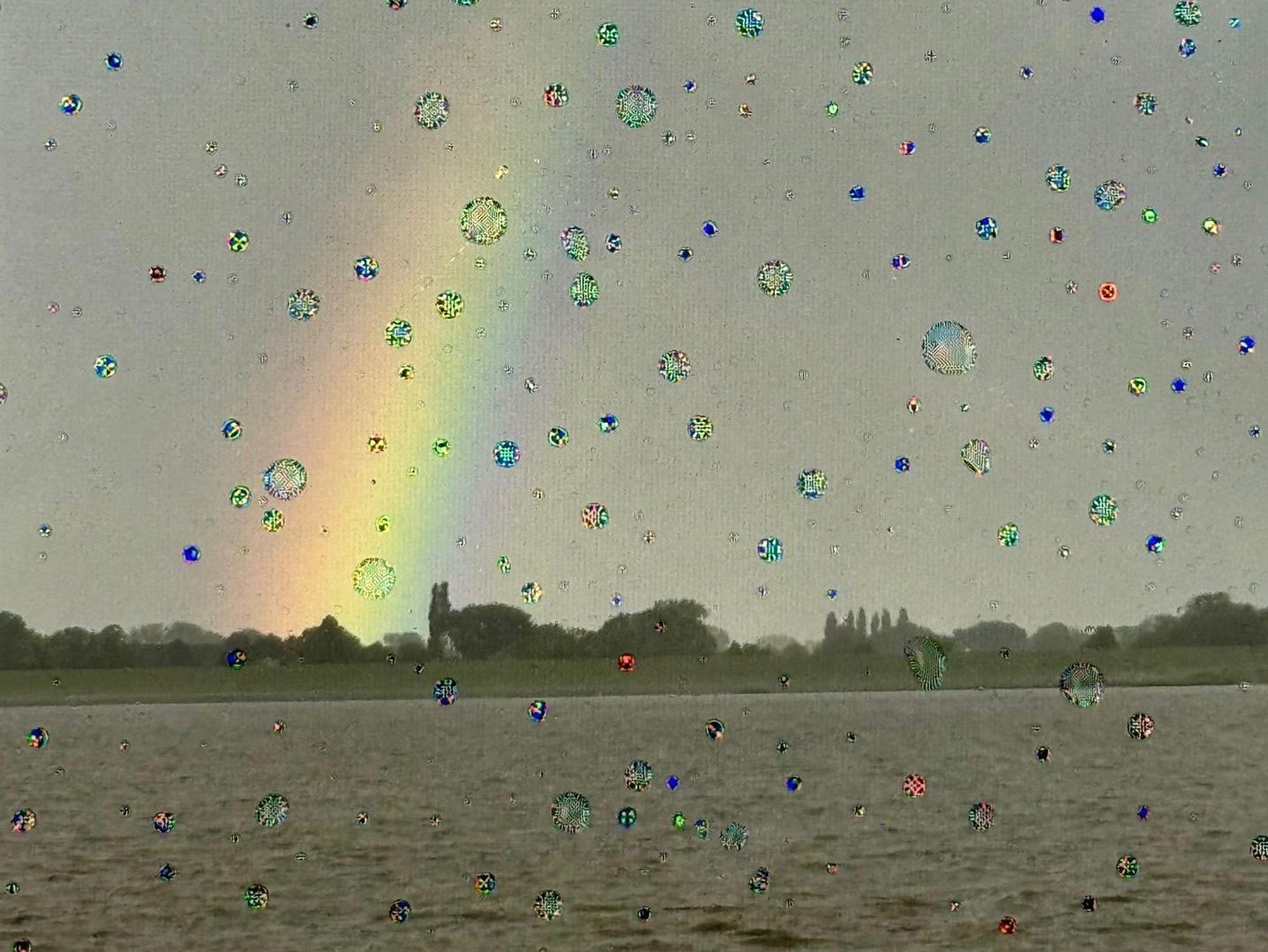 Regentropfen auf einer Scheibe im Vordergrund. Dahinter ist ein Regenbogen zu sehen.
