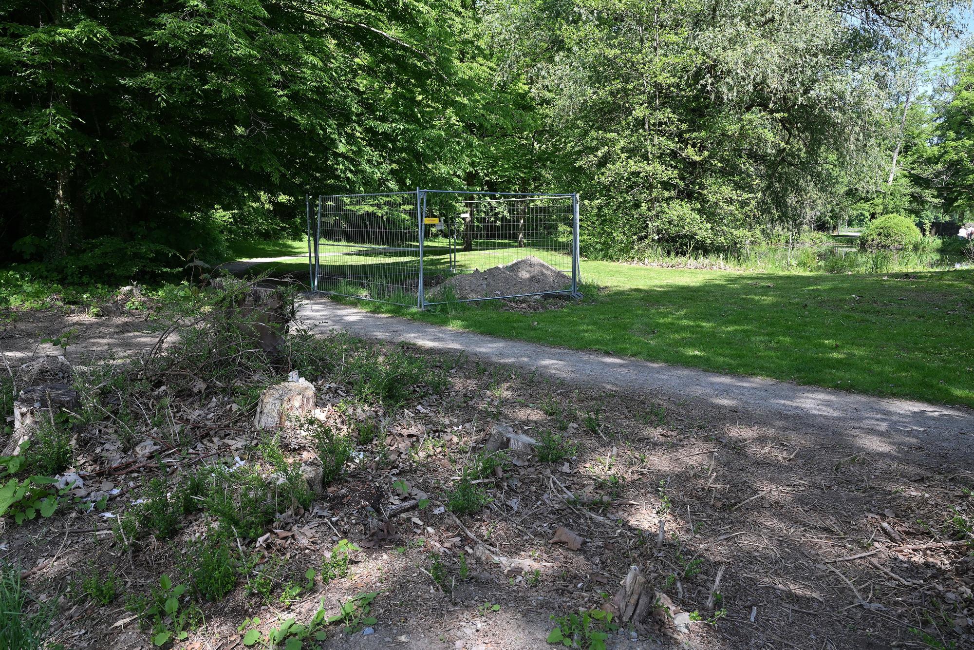 Ein kleiner Park, davor sind Pflanzen gerodet und ein Bauzaun aufgestellt worden.