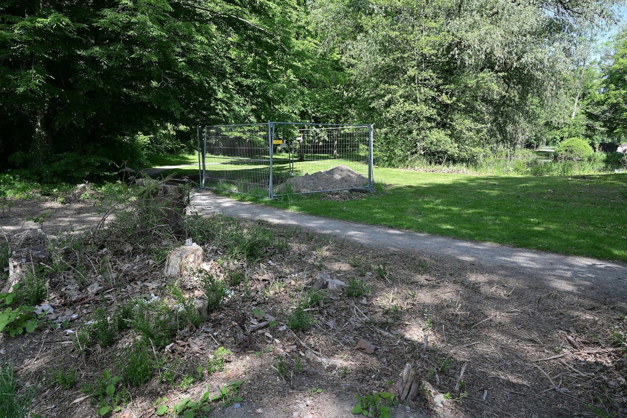 Ein kleiner Park, davor sind Pflanzen gerodet und ein Bauzaun aufgestellt worden.
