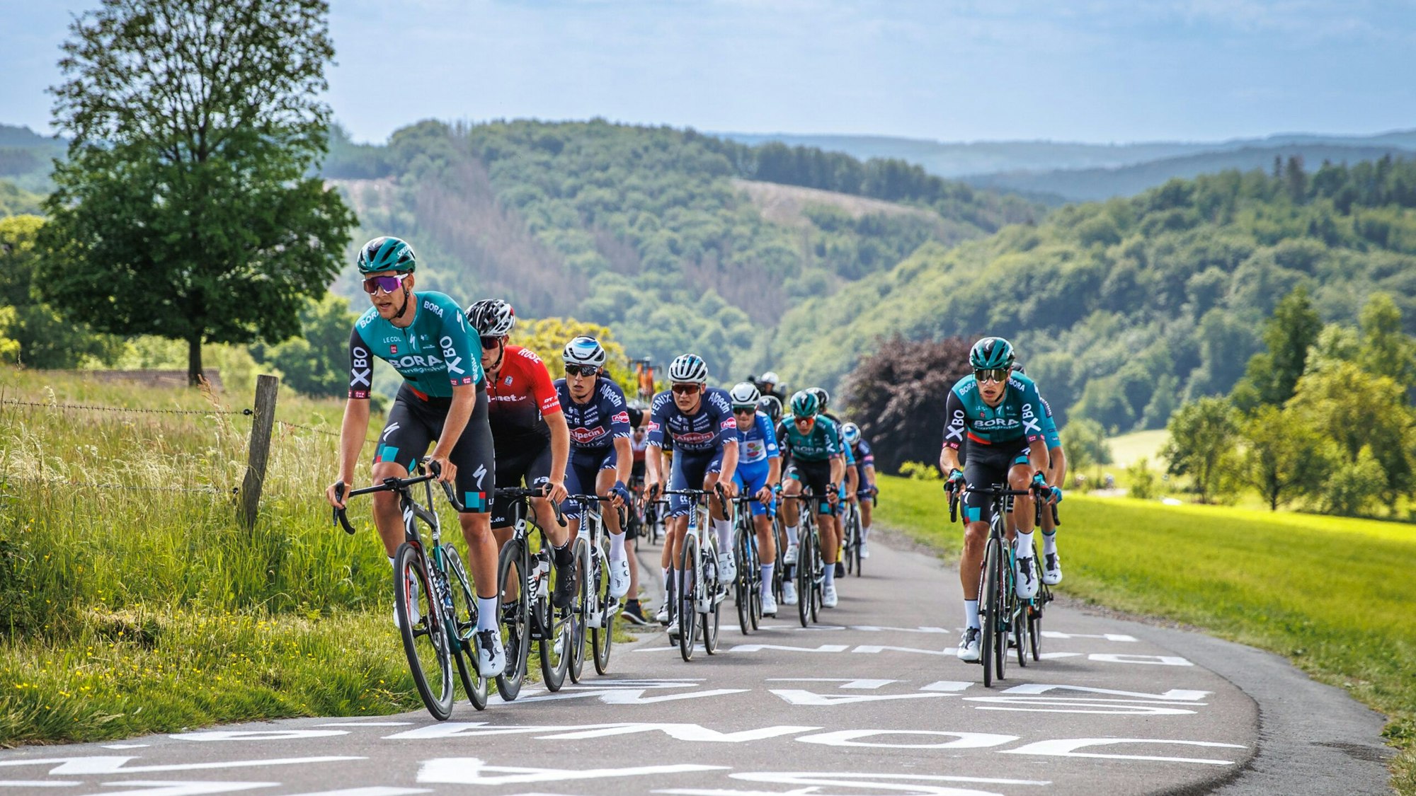 Radprofis vor einem hügeligen Panorama