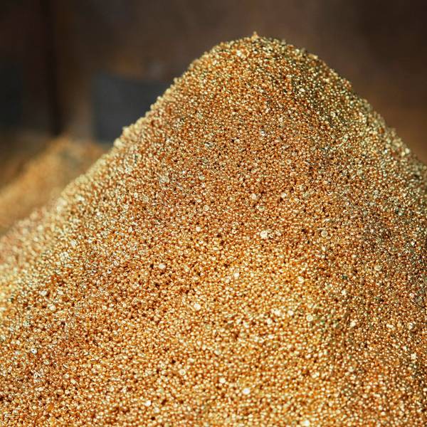 Frisch raffiniertes Goldgranulat liegt vor der Verarbeitung zu Goldbarren in der Schmelzhütte