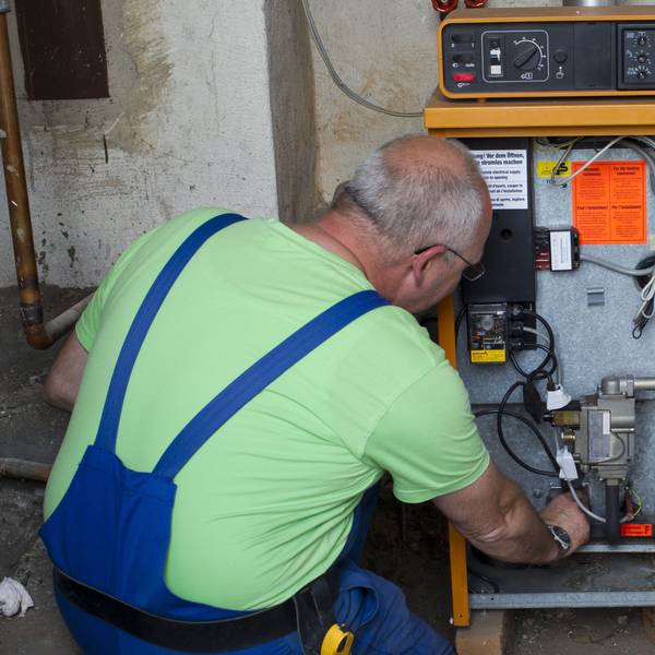 Ein Heizungsmechaniker arbeitet an einer Steuerung- und Kontrolleinheit für eine Gasheizungsanlage.