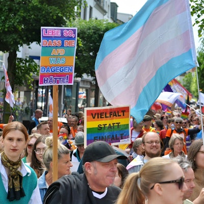 Das Foto zeigt einen Ausschnitt aus der Demo. Menschen halten Plakate hoch. Die Aufschriften lauten unter anderem „Vielfalt statt Einfalt“ oder „Menschenrechte statt rechte Menschen“.